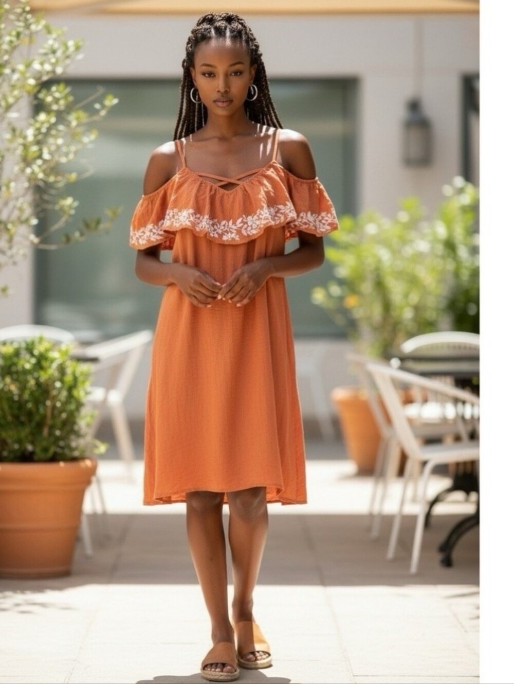 mittoshop Rust Brown Spaghetti Strap Dress with White Floral Embroidery, Size S